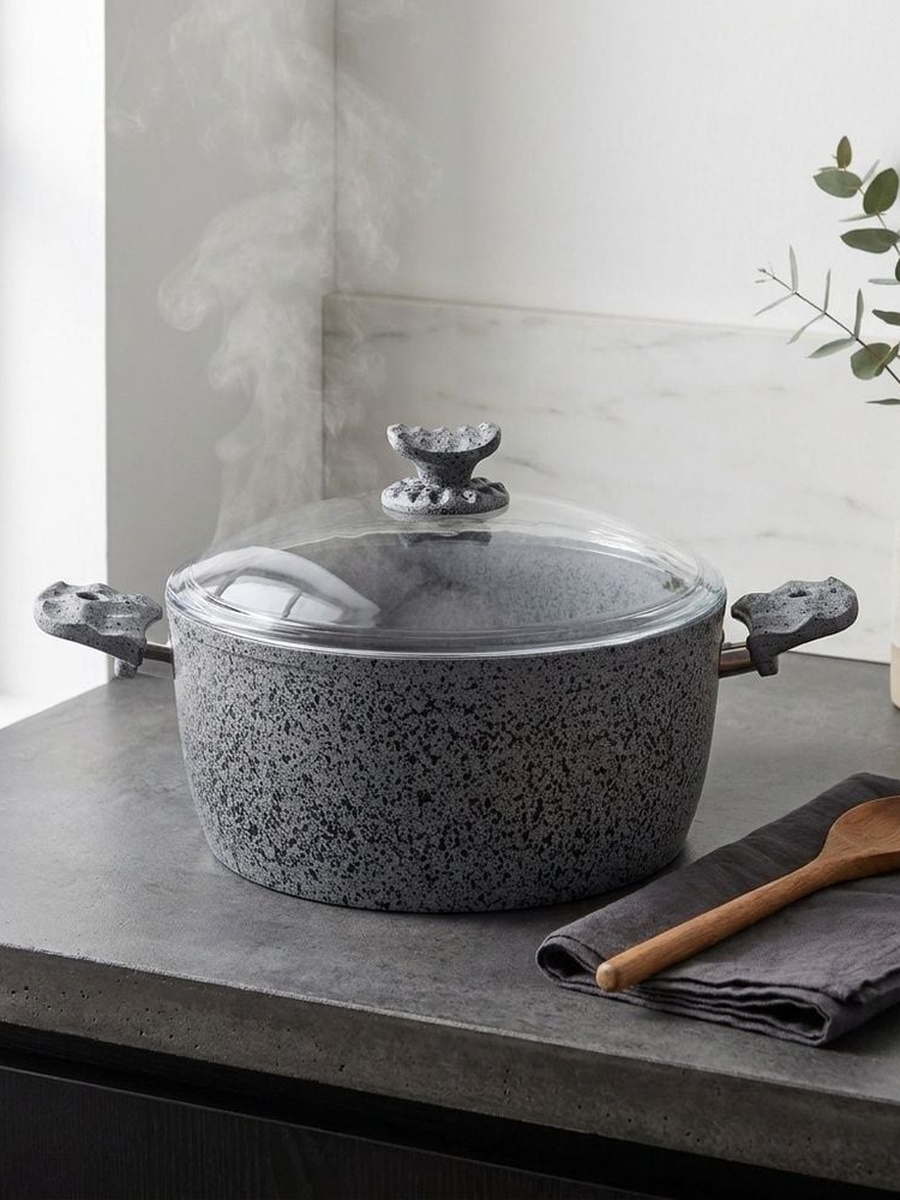 Alfa Swiss Stone Granite Casserole 28CM, Grey, Forged Aluminium, Cookware For Daily Meal Preparation Kitchen Cooking And Serving