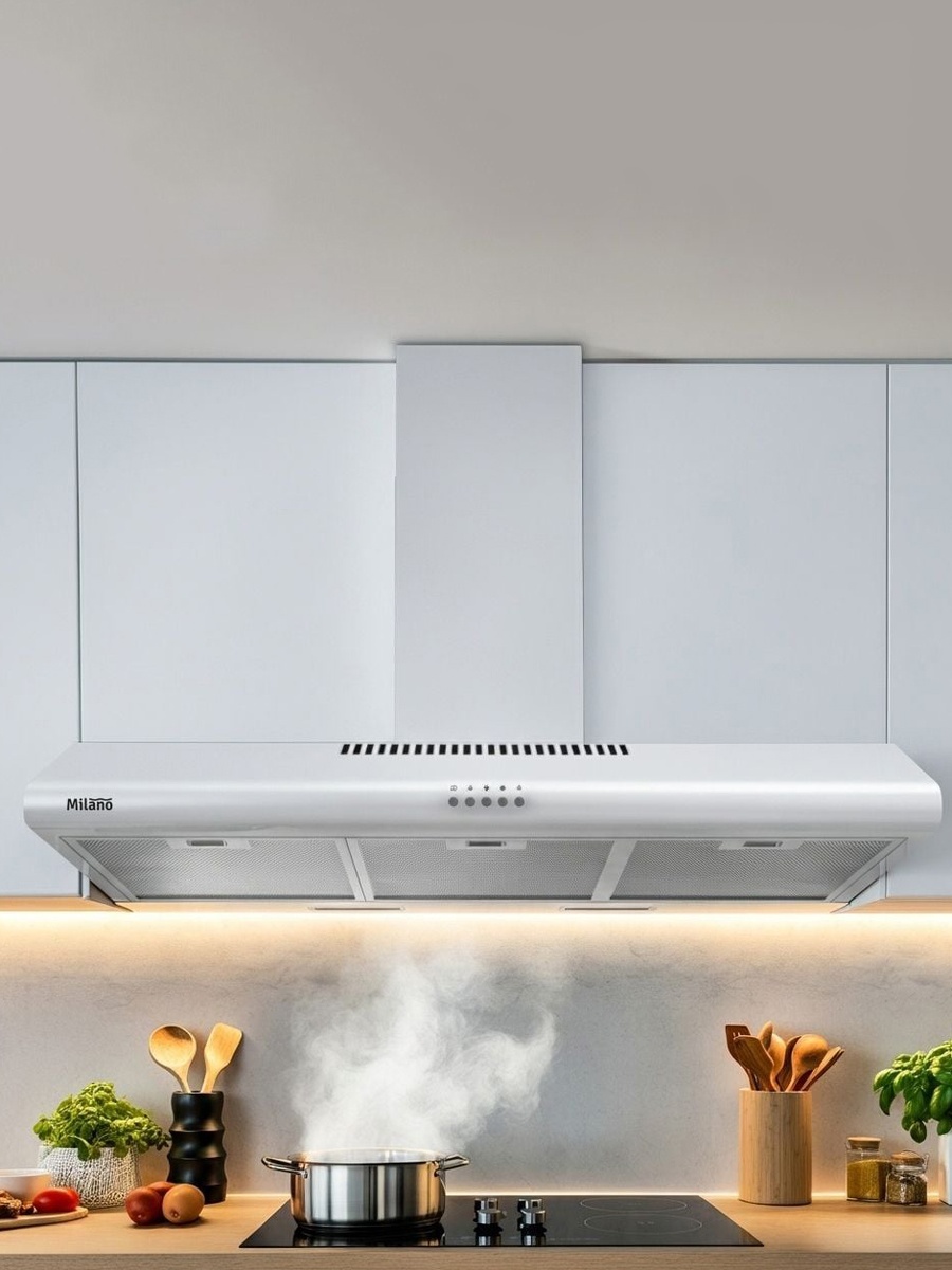 Milano Kitchen Hood 90Cm White, Stainless Steel, Kitchen Hood For Cooking Smoke Steam And Odour Ventilation