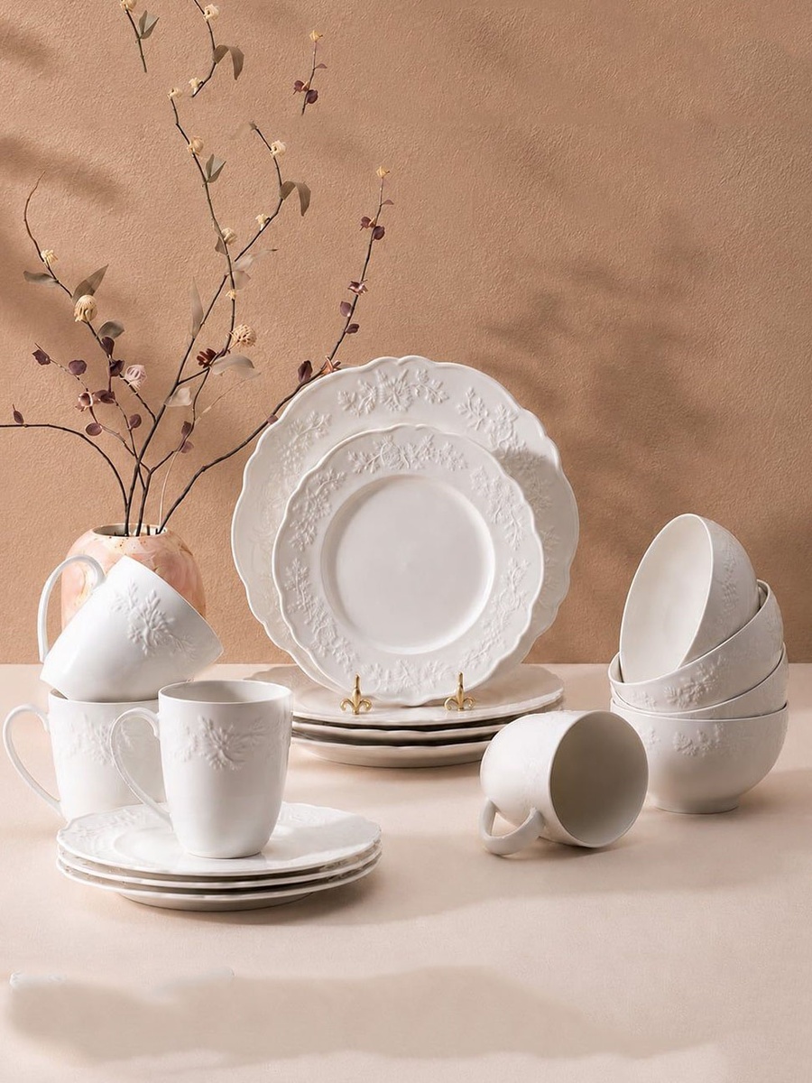 Apollo 16 - Piece Geometric Embossed Porcelain Dinner Set - Serves 4, White, New Bone China