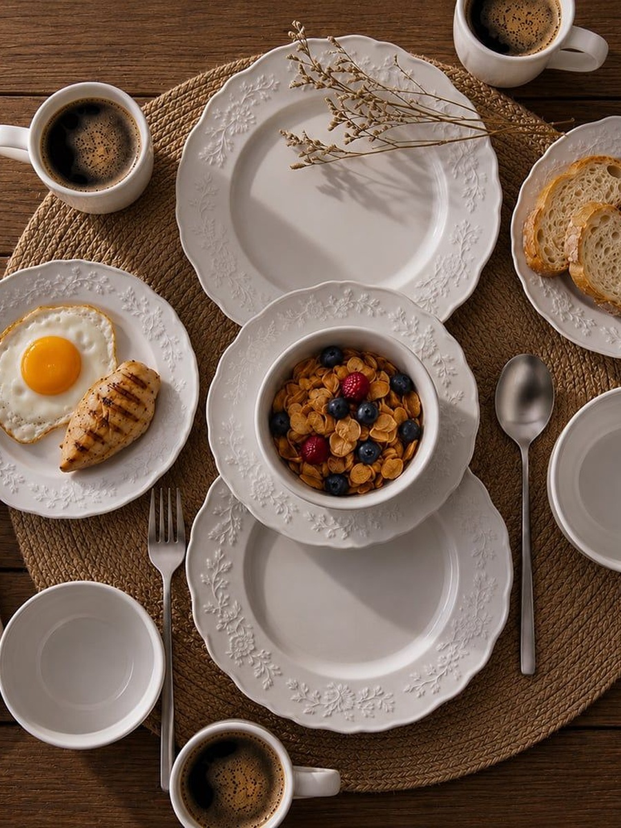 Apollo 16 - Piece Geometric Embossed Porcelain Dinner Set - Serves 4, White, New Bone China