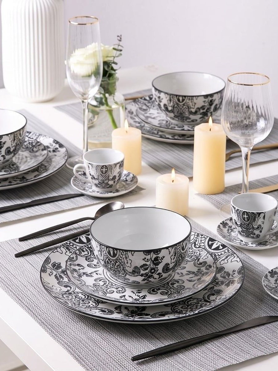 Angelika 20 - Piece Porcelain Dinner Set - Black - Serves 4, Dinnerware Set For Family Meals Dining Table And Guest Serving