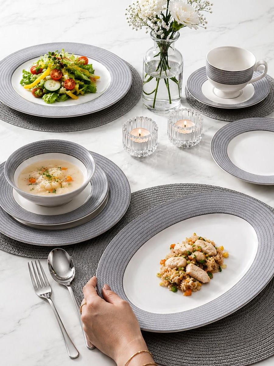 Noor 32 - Piece New Bone China Dinner Set - Serves 6, Gold, Dinnerware Set For Family Meals Dining Table And Guest Serving