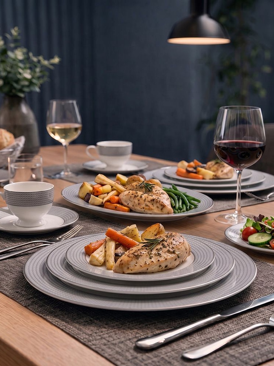 Noor 32 - Piece New Bone China Dinner Set - Serves 6, Gold, Dinnerware Set For Family Meals Dining Table And Guest Serving