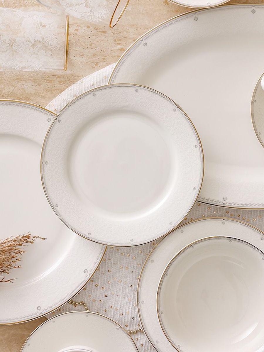 Medallion 32 - Piece New Bone China Dinner Set - Serves 6, Gold, Dinnerware Set For Family Meals Dining Table And Guest Serving