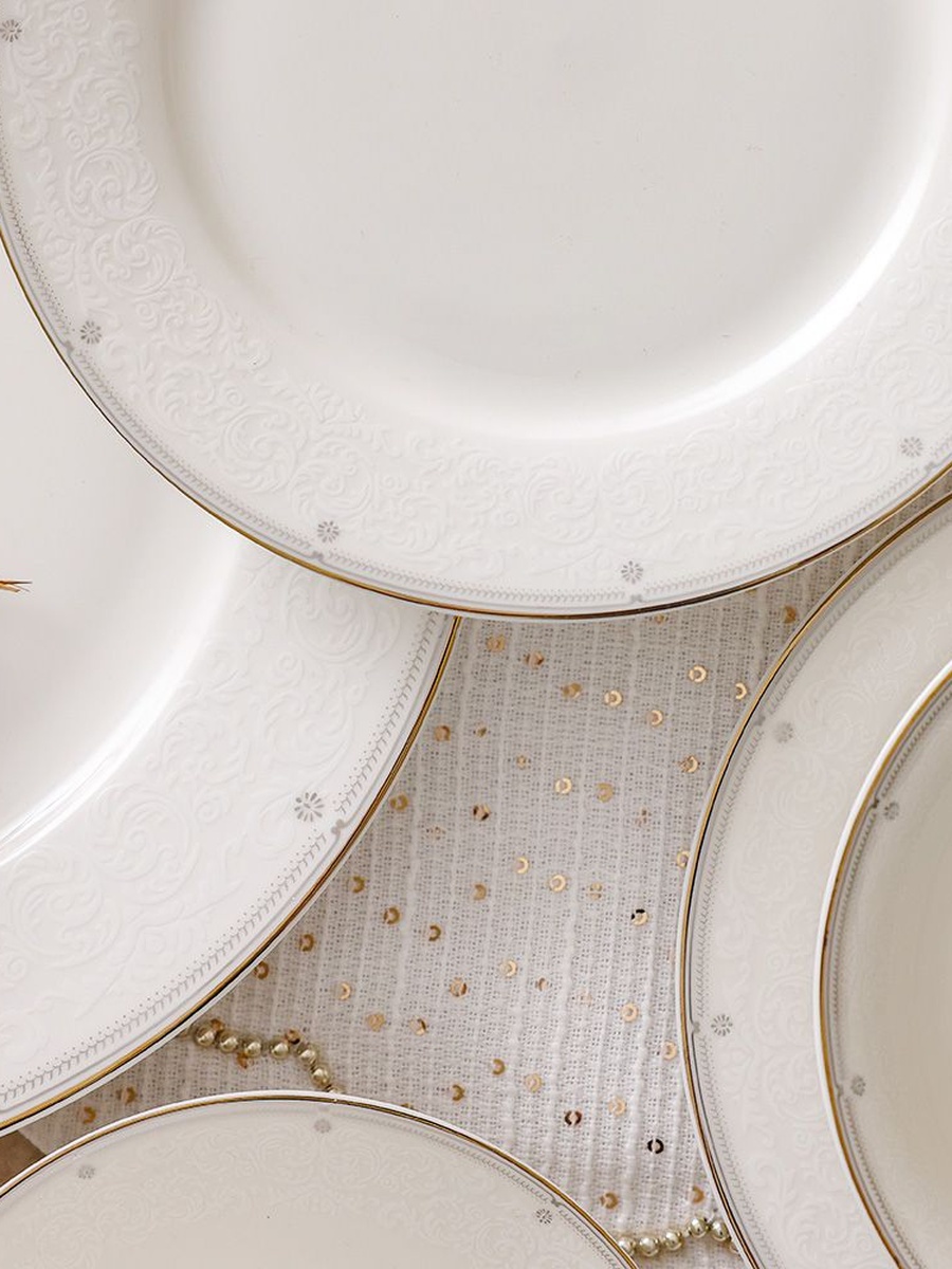 Medallion 32 - Piece New Bone China Dinner Set - Serves 6, Gold, Dinnerware Set For Family Meals Dining Table And Guest Serving