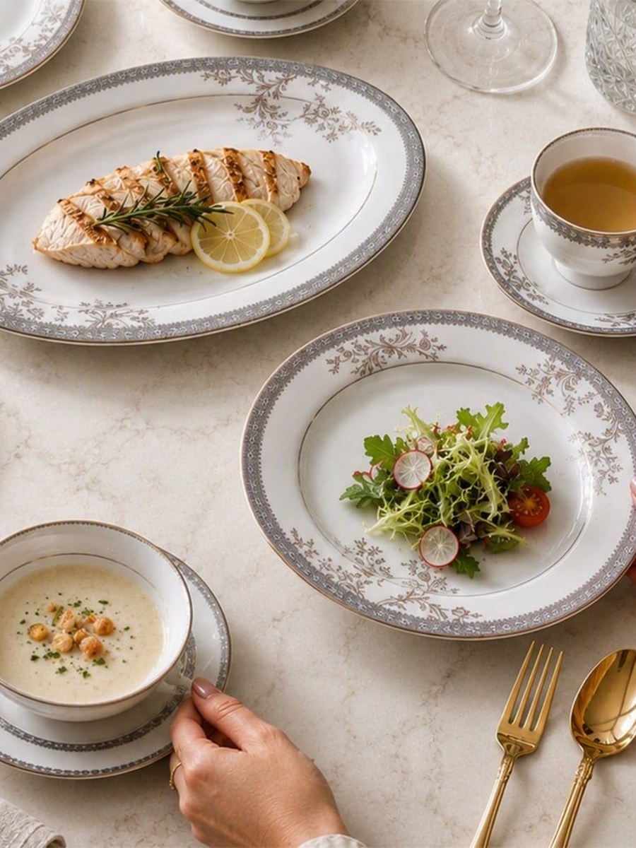 Erika 32 - Piece New Bone China Dinner Set - Serve 6, Gold, 37.5x27.5x28.5cm, Dinnerware Set For Family Meals Dining Table And Daily Use