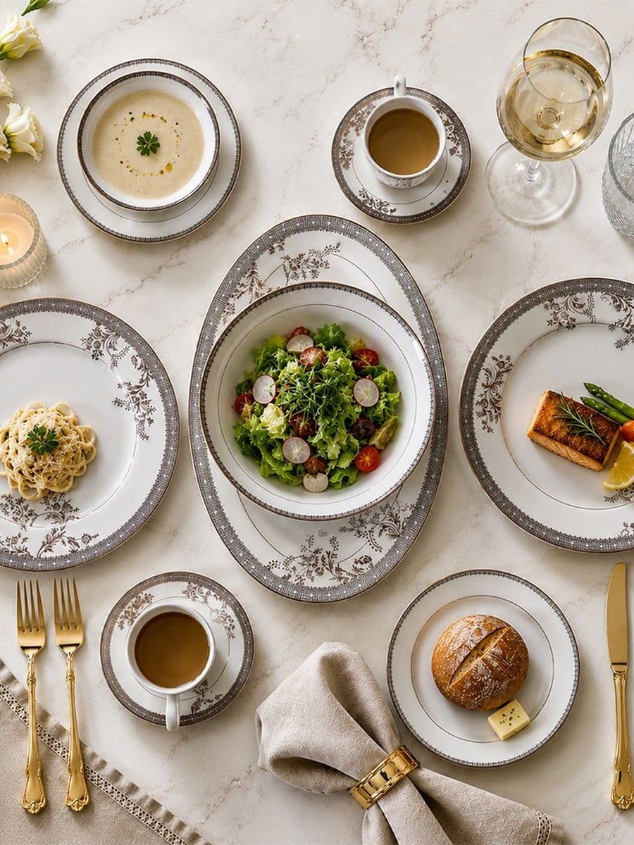 Erika 32 - Piece New Bone China Dinner Set - Serve 6, Gold, 37.5x27.5x28.5cm, Dinnerware Set For Family Meals Dining Table And Daily Use