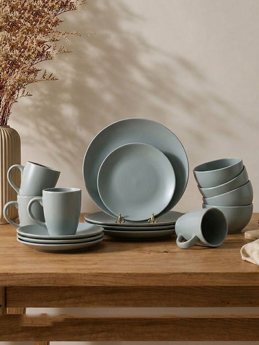 Apollo 16 - Piece Color Glazed Stoneware Dinner Set - Grey - Serves 4, Dinnerware Set For Family Meals Dining Table And Guest Serving