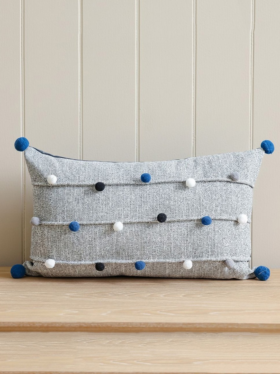 Filled Cushion with Handmade Balls - Grey-30x50cm, Polyester, Filled Cushion For Sofa Bed Armchair And Cozy Styling