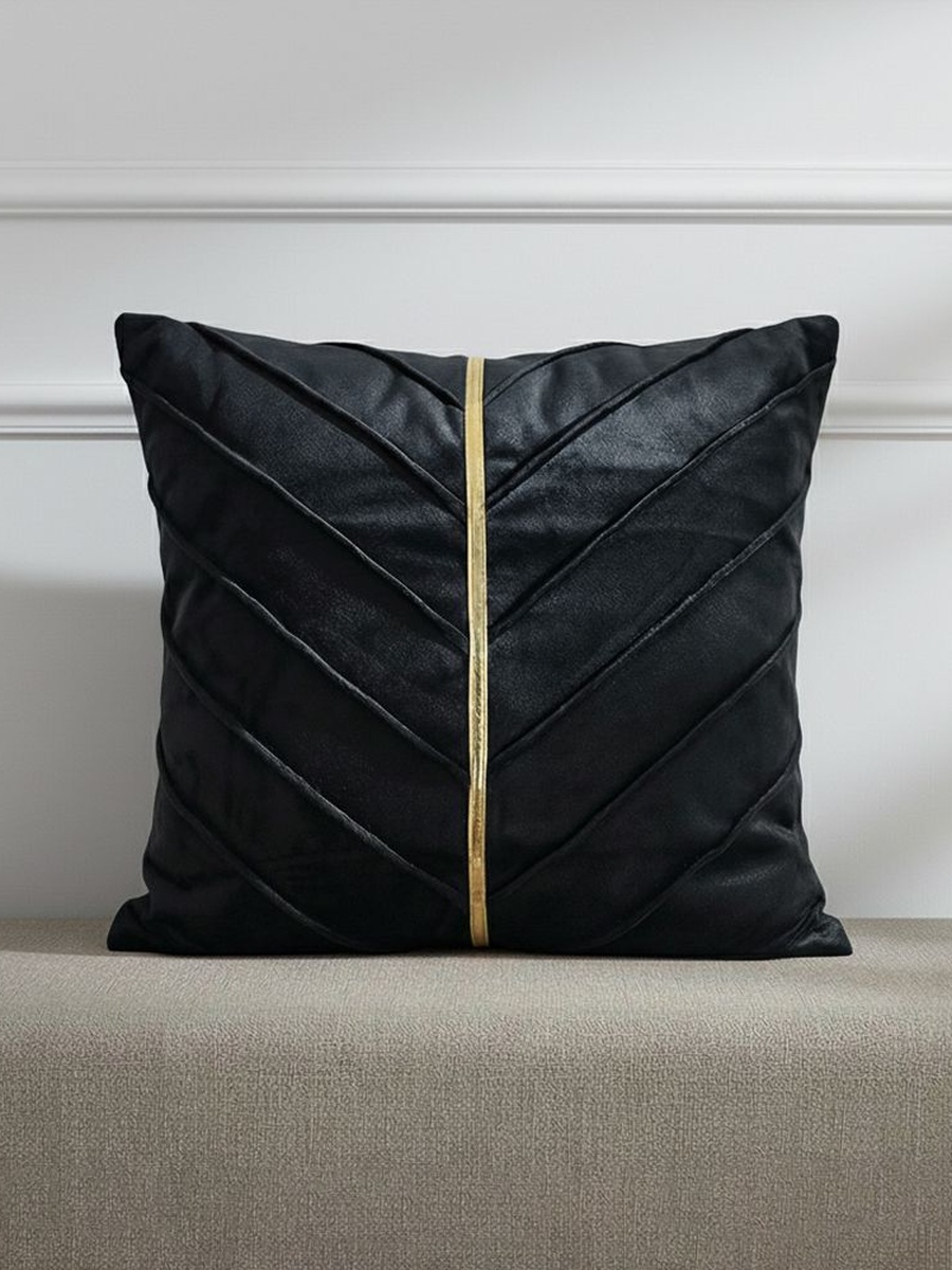 Gleam Velvet Cushion with Golden Tape - Black - 45x45cm, 100% Cotton, Filled Cushion For Sofa Bed Armchair And Cozy Home Styling