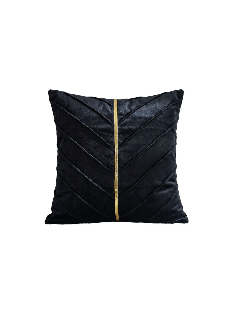 Gleam Velvet Cushion with Golden Tape - Black - 45x45cm, 100% Cotton, Filled Cushion For Sofa Bed Armchair And Cozy Home Styling