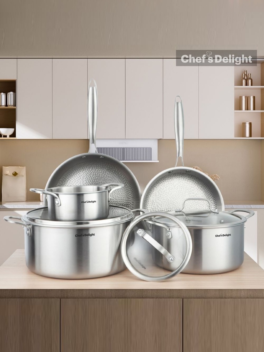 Chef's Delight 8 - Piece Hammer Triply Cookware Set, Silver, Stainless Steel, Cookware Set For Home Kitchen Meal Preparation And Daily Cooking
