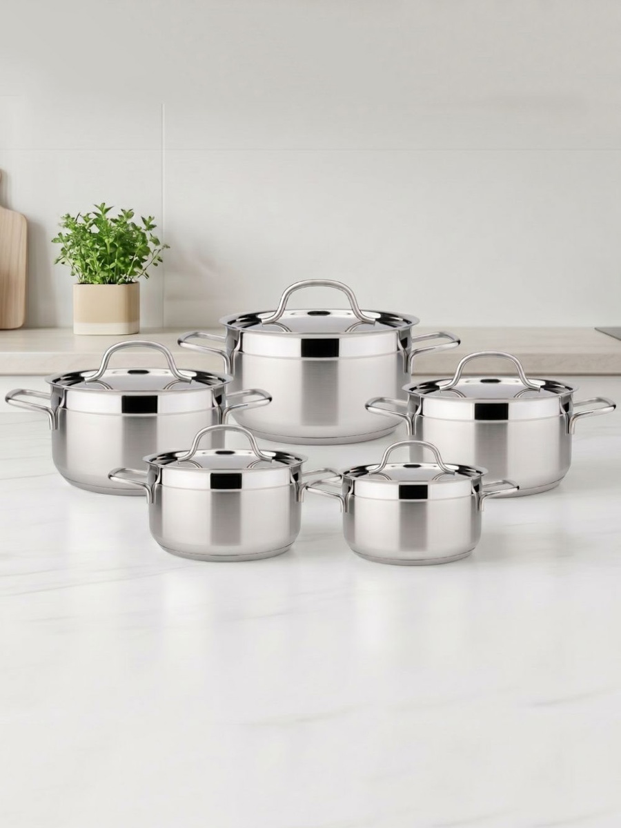 Chef's Delight Alfa 10 - Piece Stainless Steel Cookware Set, Multi Color, Cookware Set For Home Kitchen Meal Preparation And Daily Cooking