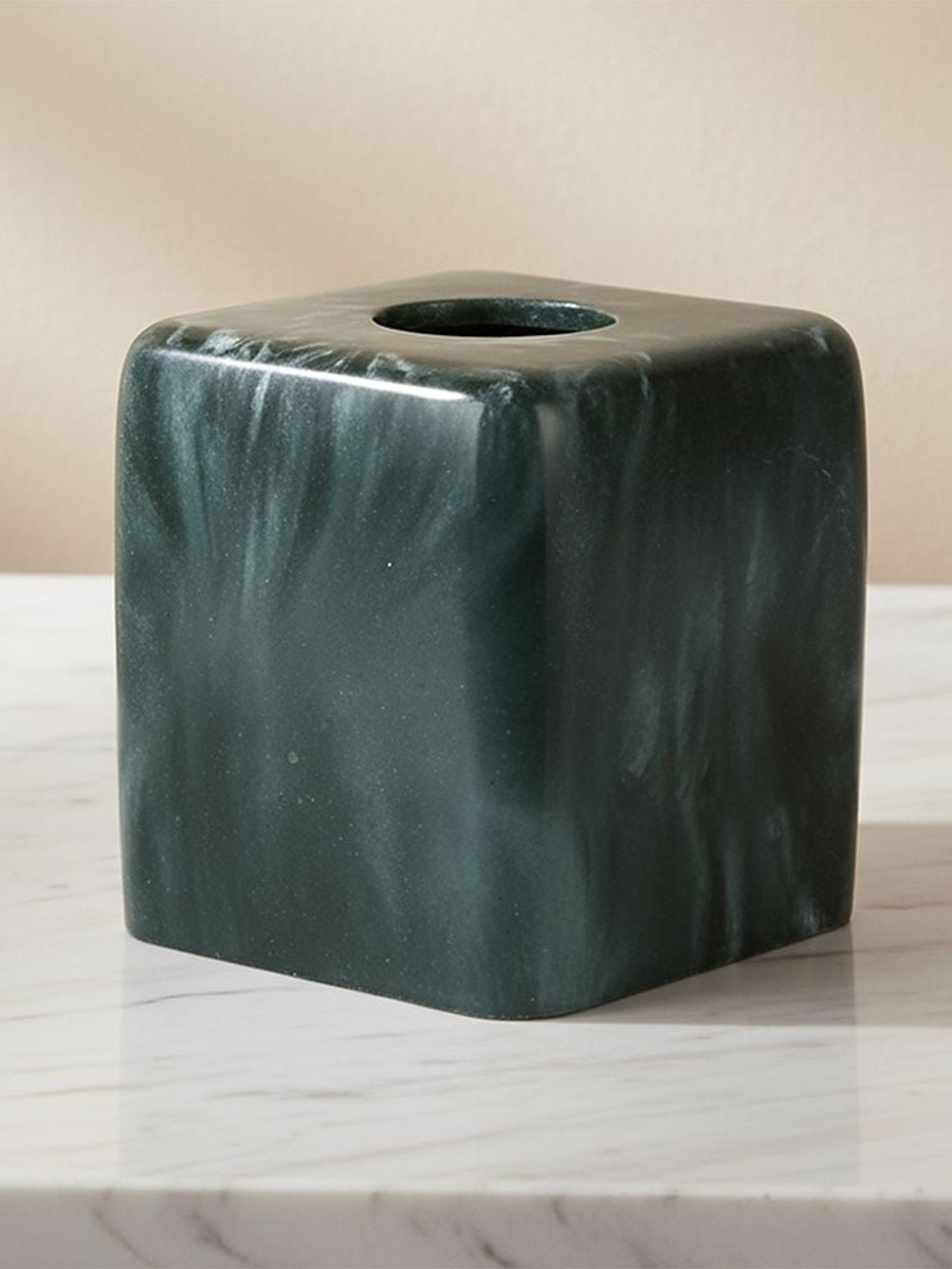 Velora Resin Square Shape Tissue Box 15x15x15cm Dark Green, Dark Green Marble Look, Bathroom Accessory For Vanity Toilet Area Storage And Daily Use