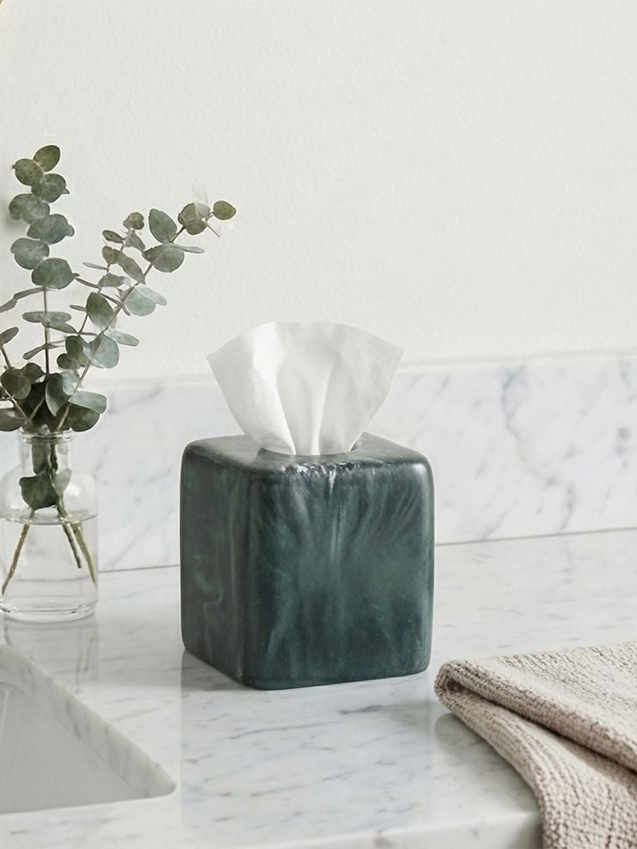 Velora Resin Square Shape Tissue Box 15x15x15cm Dark Green, Dark Green Marble Look, Bathroom Accessory For Vanity Toilet Area Storage And Daily Use