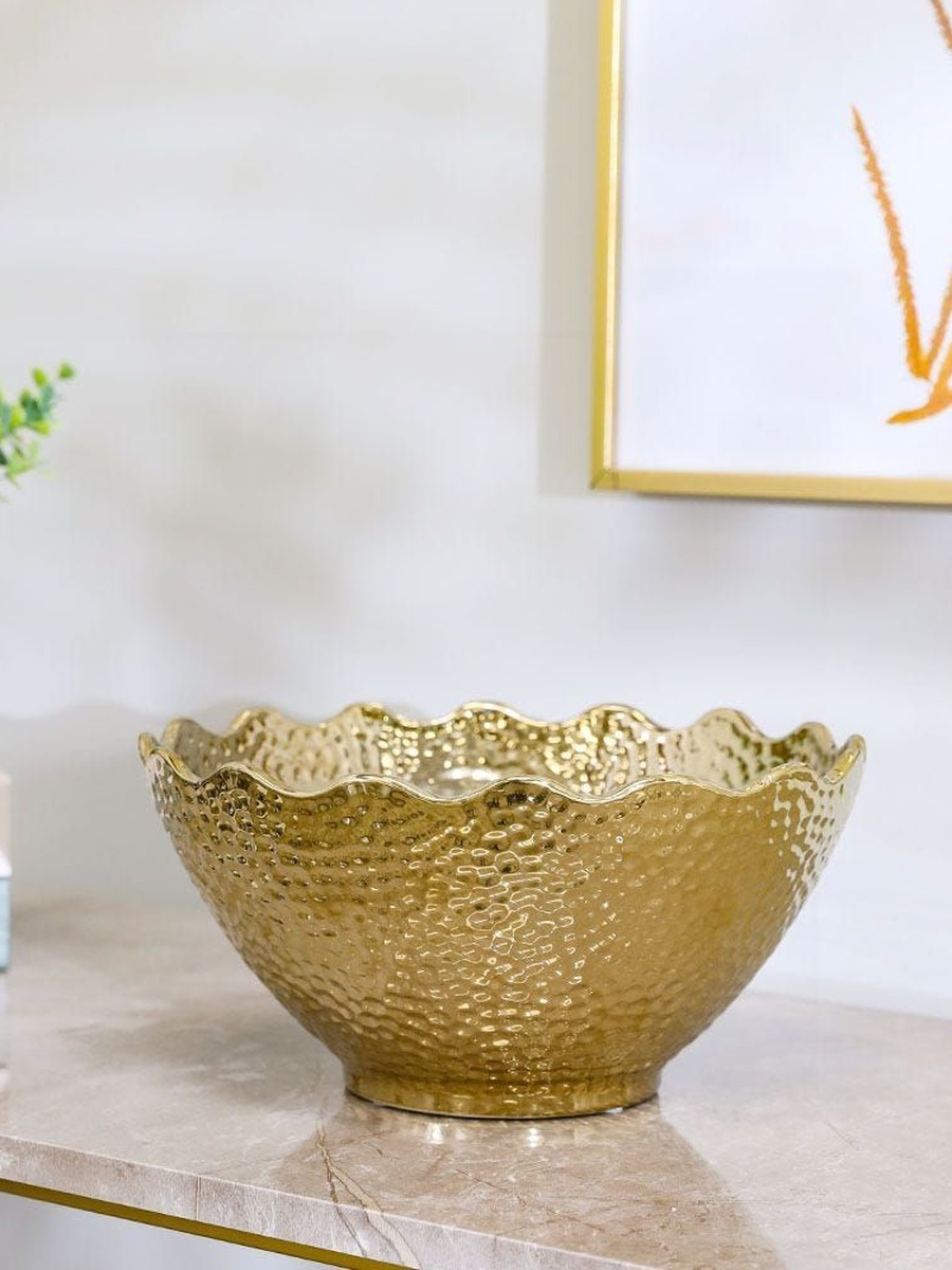Liana Bowl Gold 26.5x26.5x12.5cm, Stoneware, Bowl For Serving Dining Table Kitchen And Everyday Meals