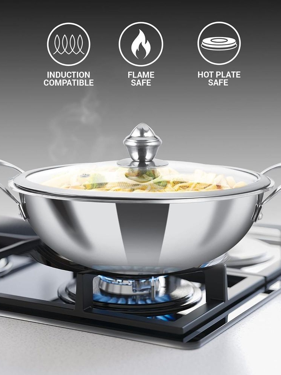 Milton Pro Cook Triply Hexa Tech Kadhai With Gl. Lid 26CM, Silver, Stainless Steel, Cookware For Daily Meal Preparation Kitchen Cooking And Serving