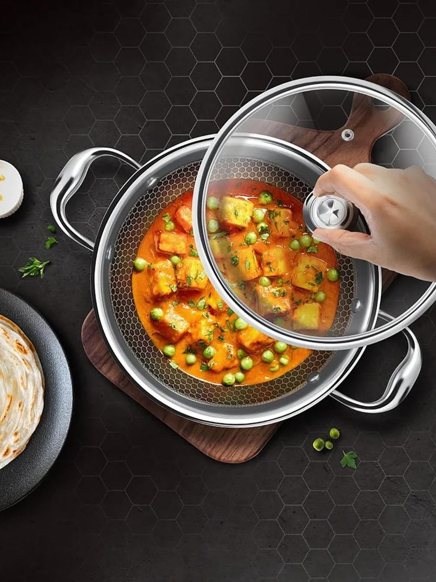 Milton Pro Cook Triply Hexa Tech Kadhai With Gl. Lid 26CM, Silver, Stainless Steel, Cookware For Daily Meal Preparation Kitchen Cooking And Serving