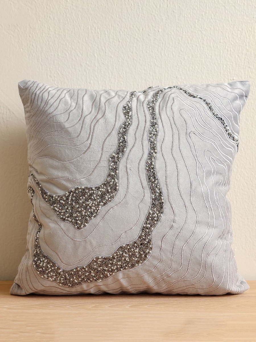 Maison Embellished Cushion Cover - Grey-45x45cm, Poly Blend, Cushion Cover For Sofa Bed Lounge Chair And Home Styling