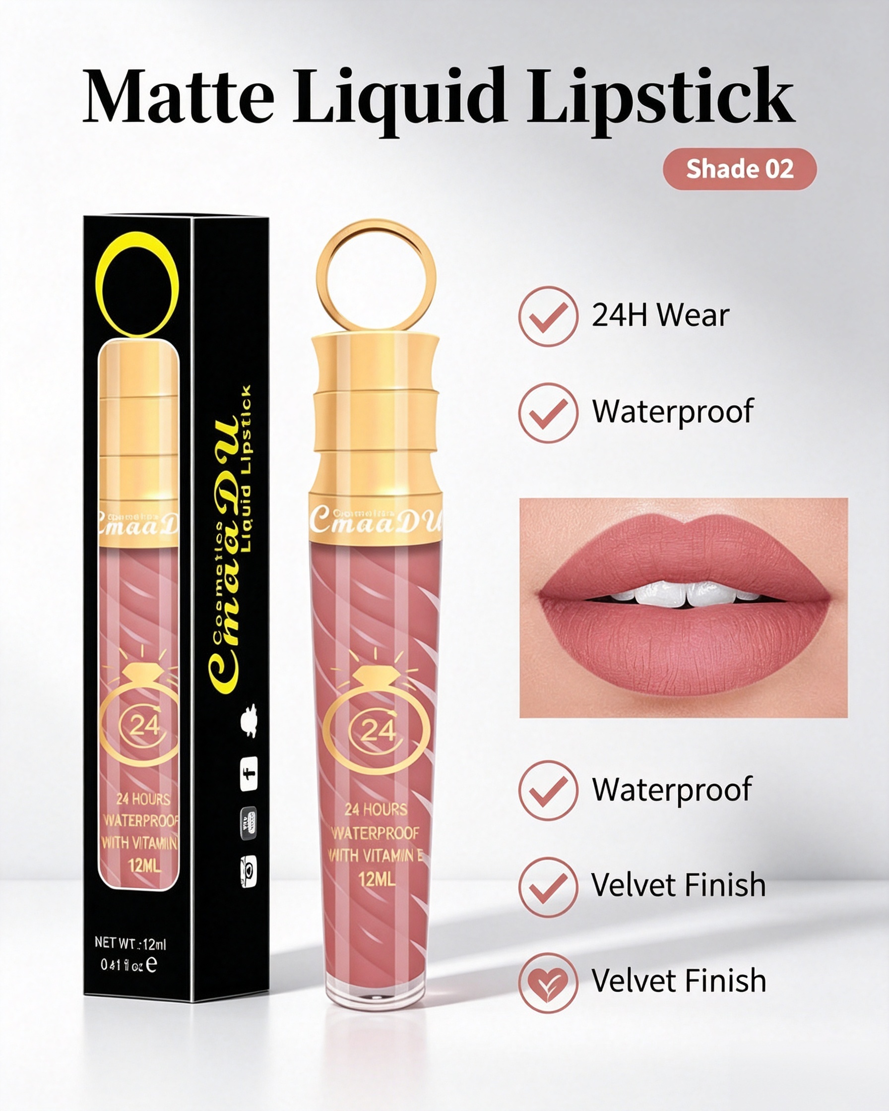 Matte Liquid Lipstick Shade 02 - Long-Lasting Velvet Finish, 12ml