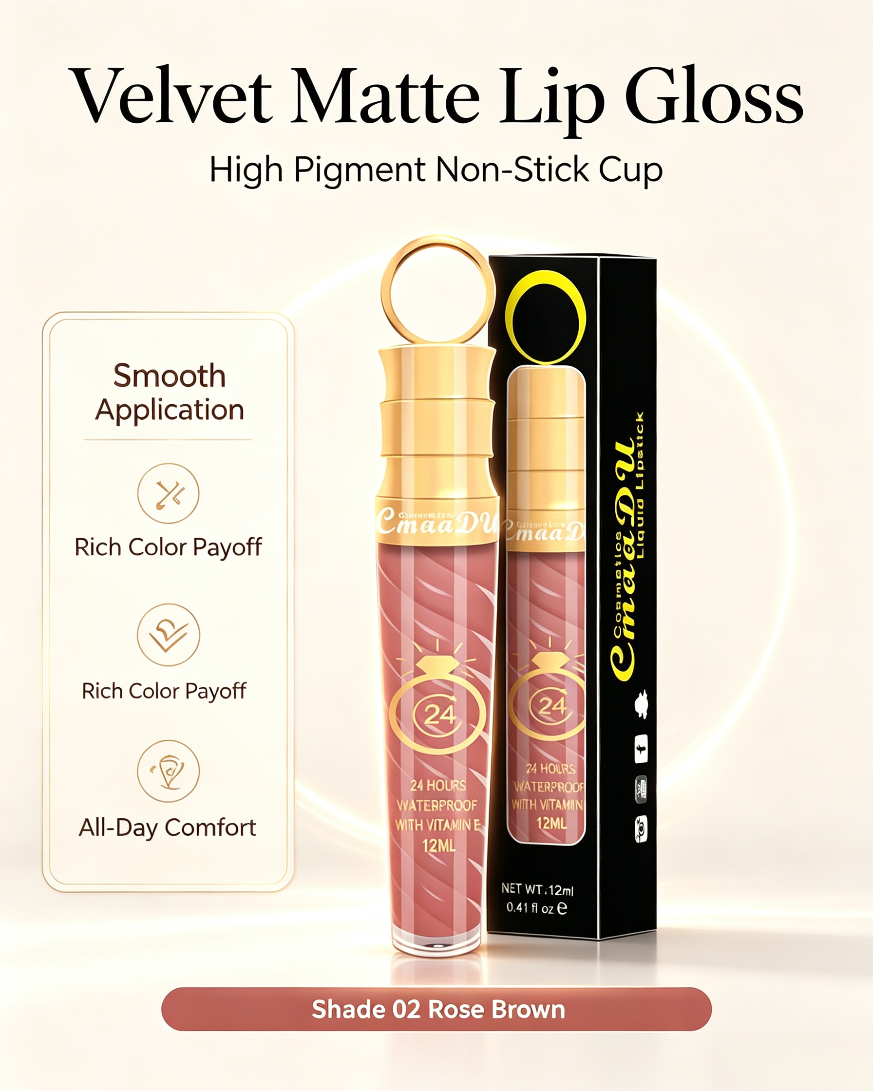 Matte Liquid Lipstick Shade 02 - Long-Lasting Velvet Finish, 12ml