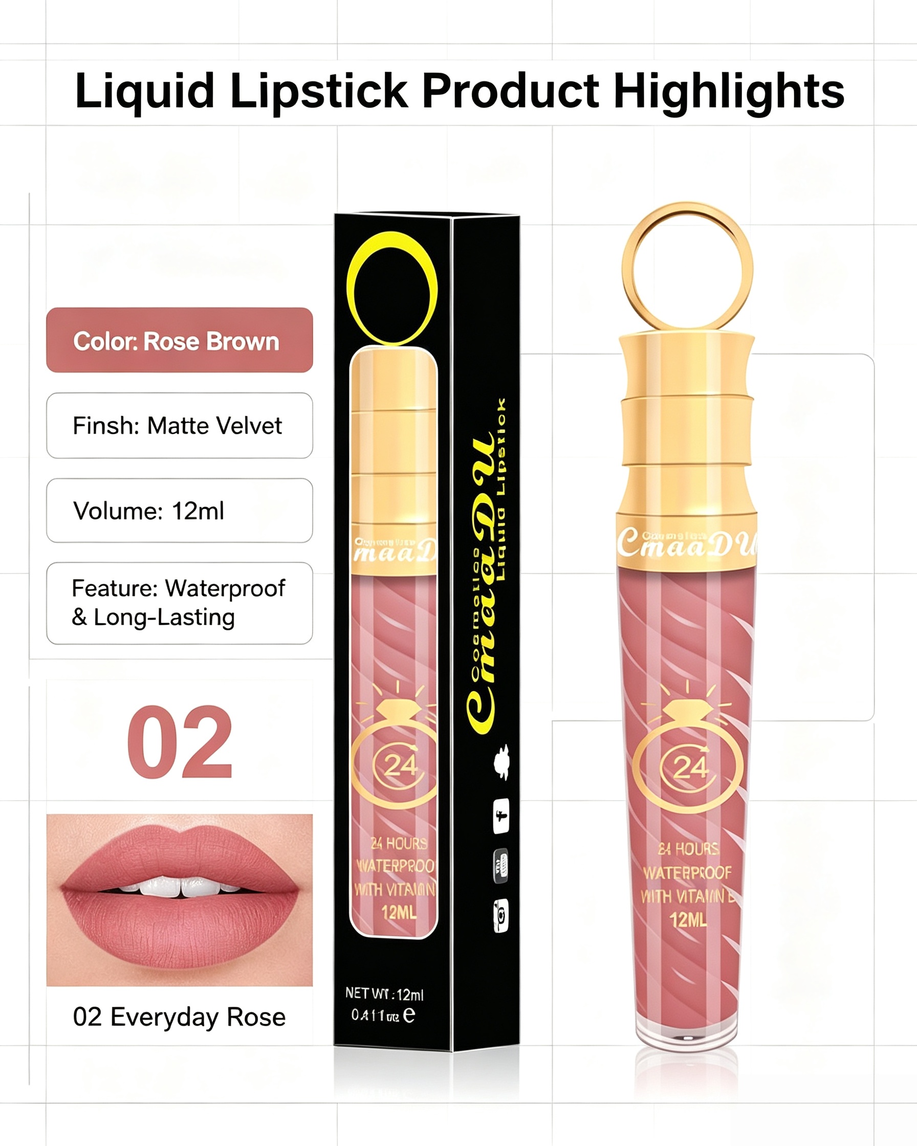 Matte Liquid Lipstick Shade 02 - Long-Lasting Velvet Finish, 12ml