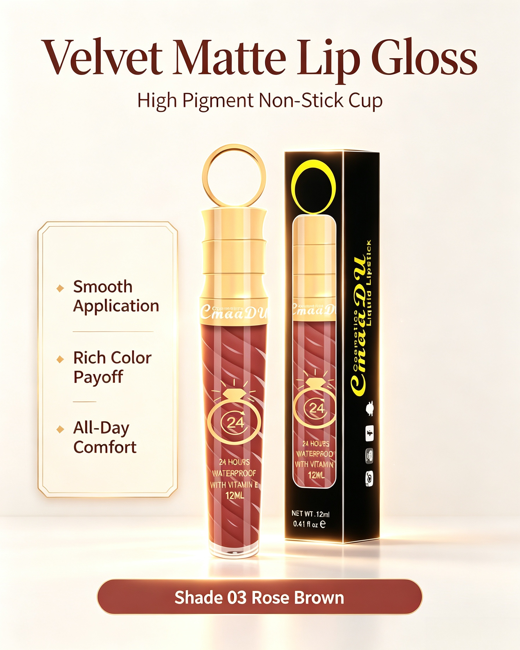 Matte Dark Pink Liquid Lipstick - 24H Waterproof and Vitamin E (Shade 03)