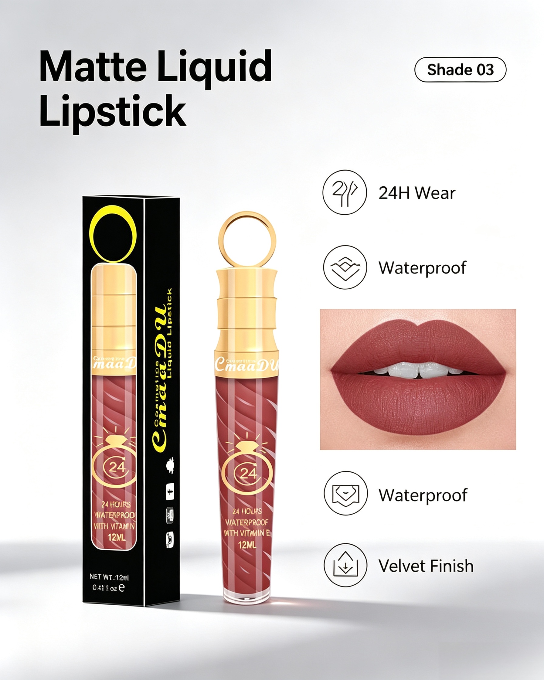 Matte Dark Pink Liquid Lipstick - 24H Waterproof and Vitamin E (Shade 03)