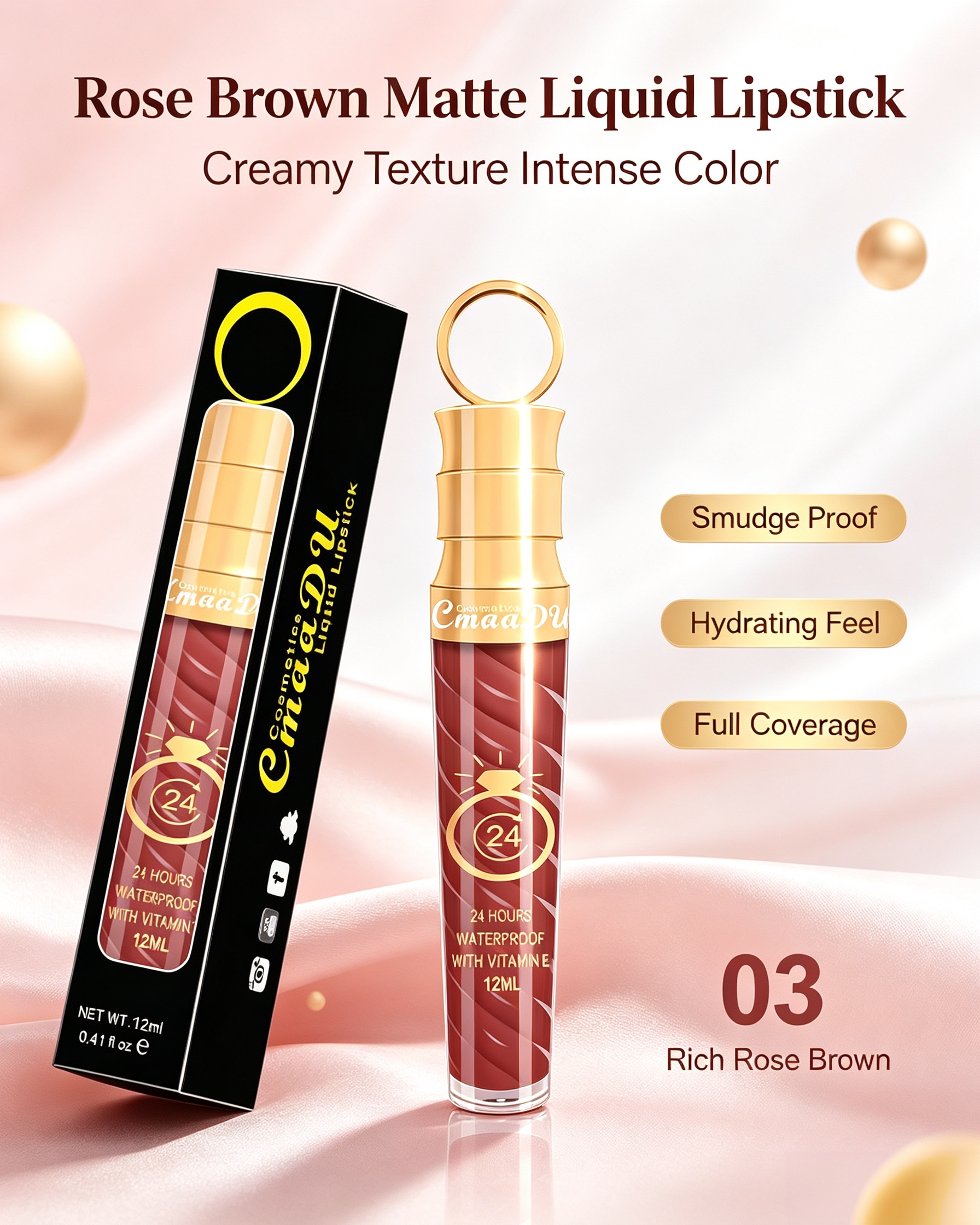 Matte Dark Pink Liquid Lipstick - 24H Waterproof and Vitamin E (Shade 03)