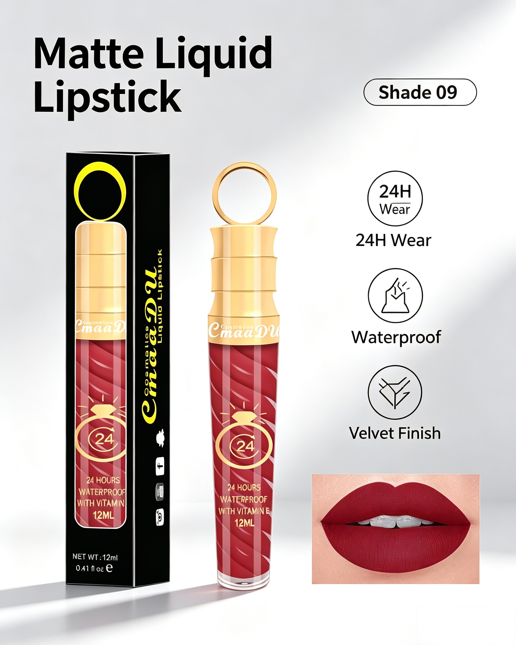 Matte Liquid Lipstick - Shade 09, Long-Lasting and Waterproof with Velvet Finish