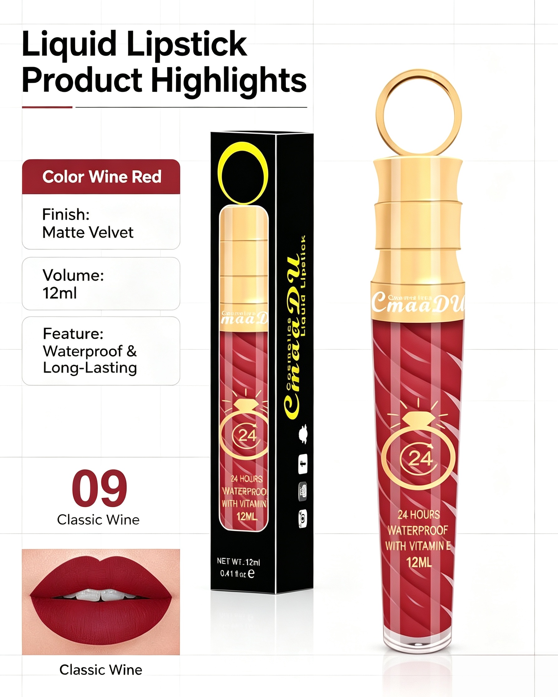 Matte Liquid Lipstick - Shade 09, Long-Lasting and Waterproof with Velvet Finish