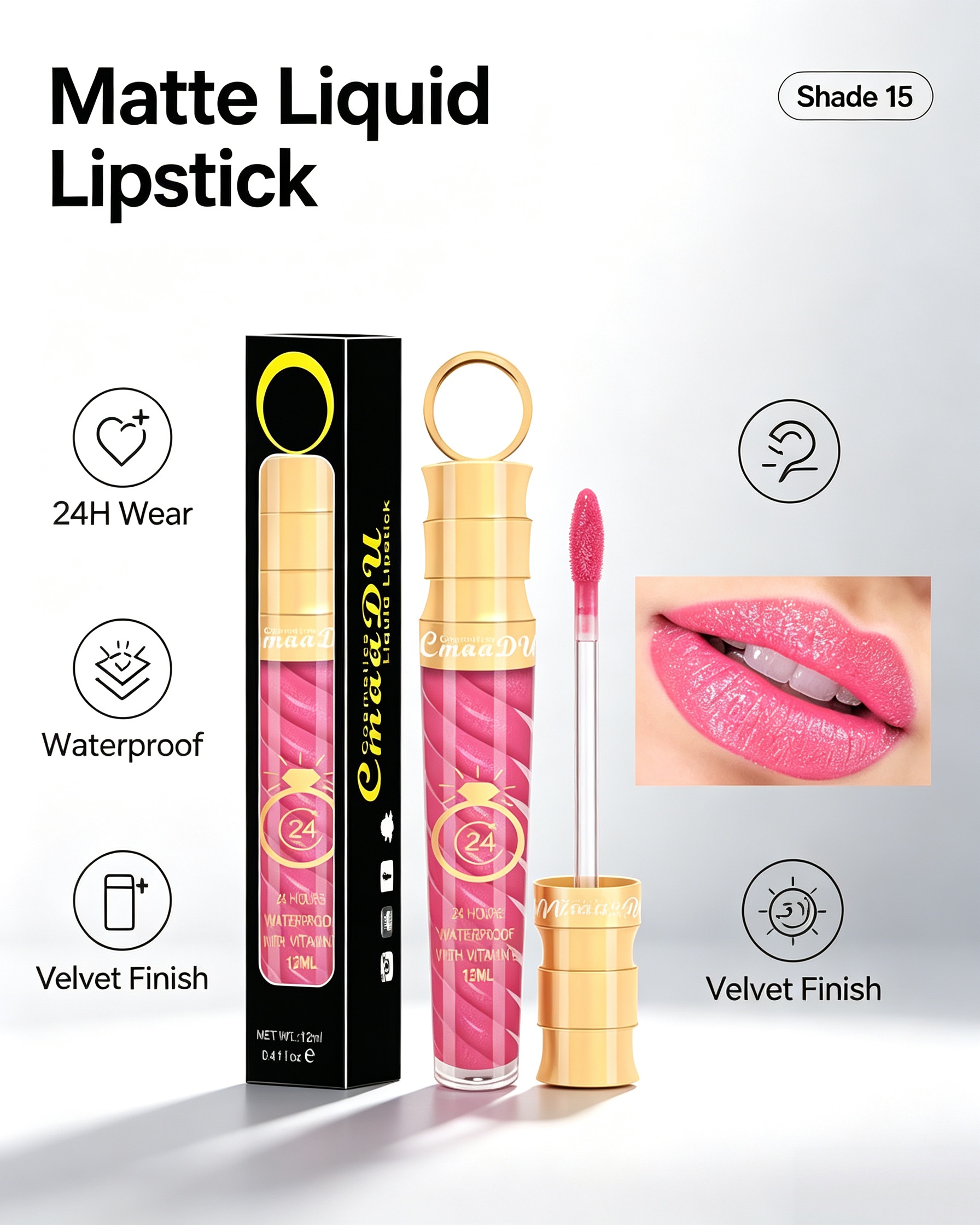 Matte Liquid Lipstick - Shade 15 Neon Pink Velvet Finish, Waterproof