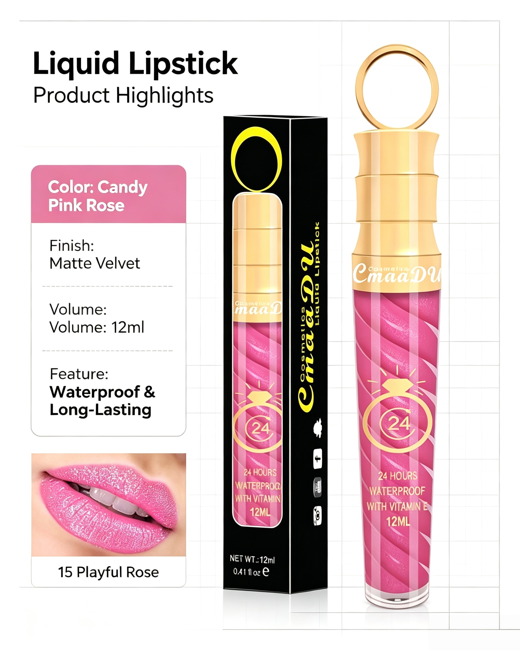 Matte Liquid Lipstick - Shade 15 Neon Pink Velvet Finish, Waterproof