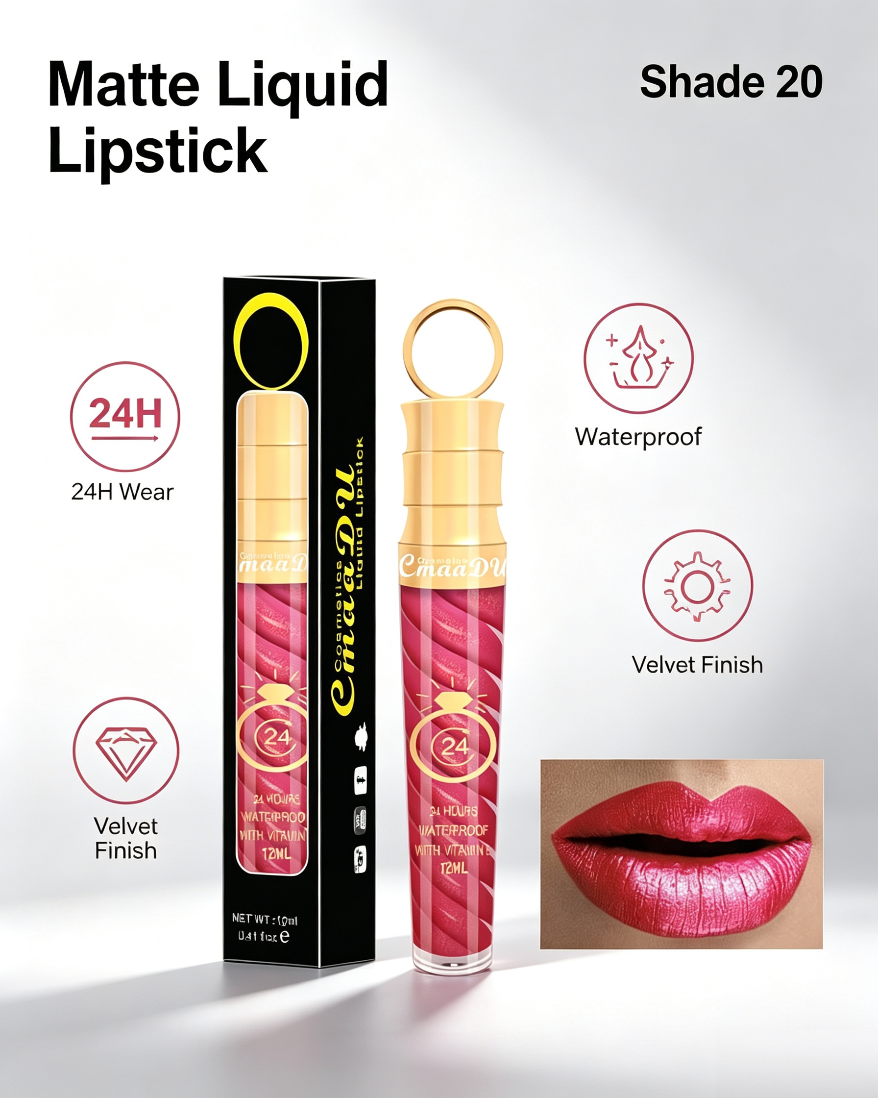 Matte Liquid Lipstick - Shade 20 Vibrant Pink, 24H Wear and Waterproof