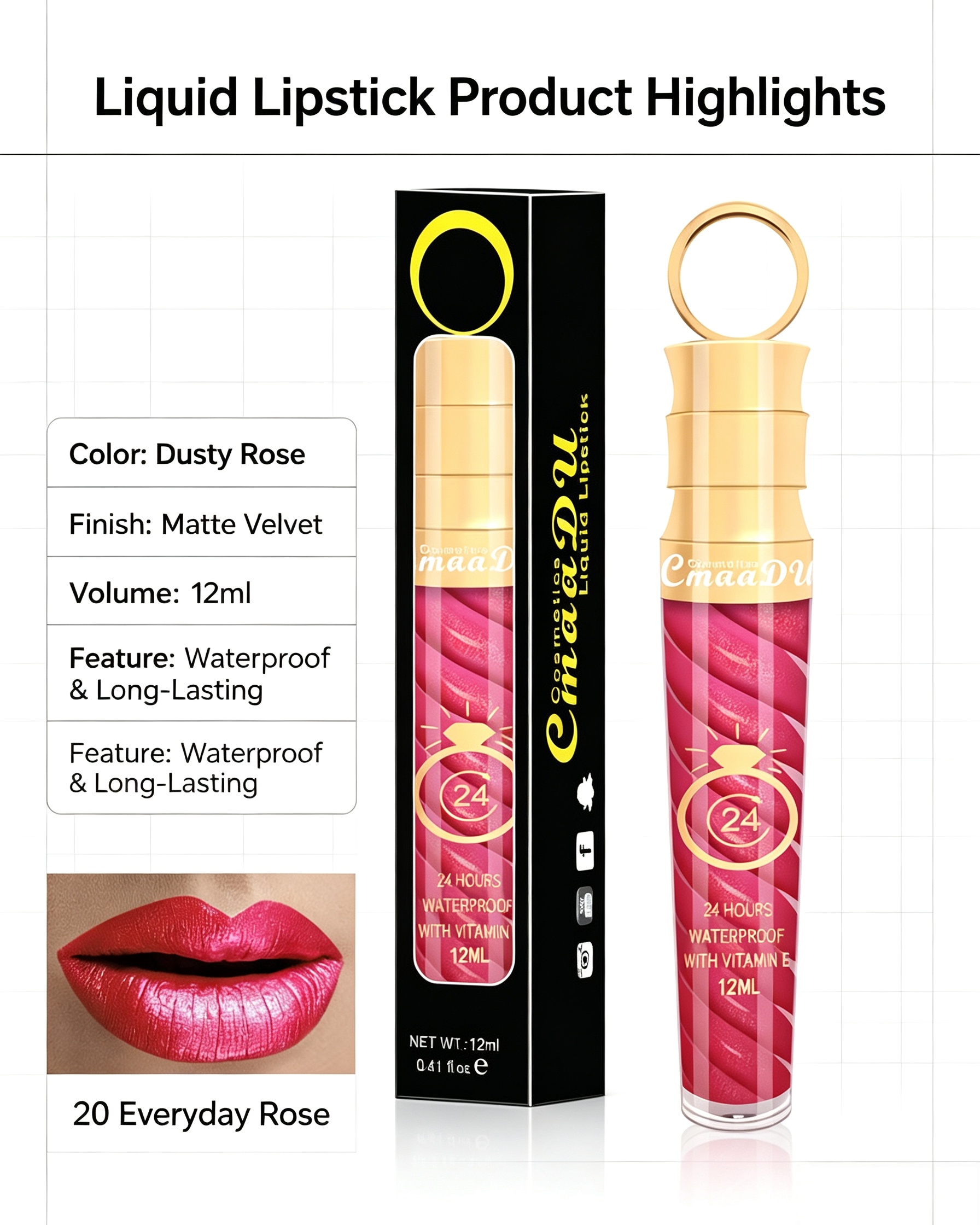 Matte Liquid Lipstick - Shade 20 Vibrant Pink, 24H Wear and Waterproof