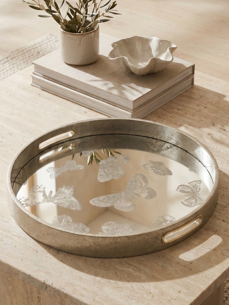 Butterfly Print Serving Tray with Cutout Handles - 37 cm