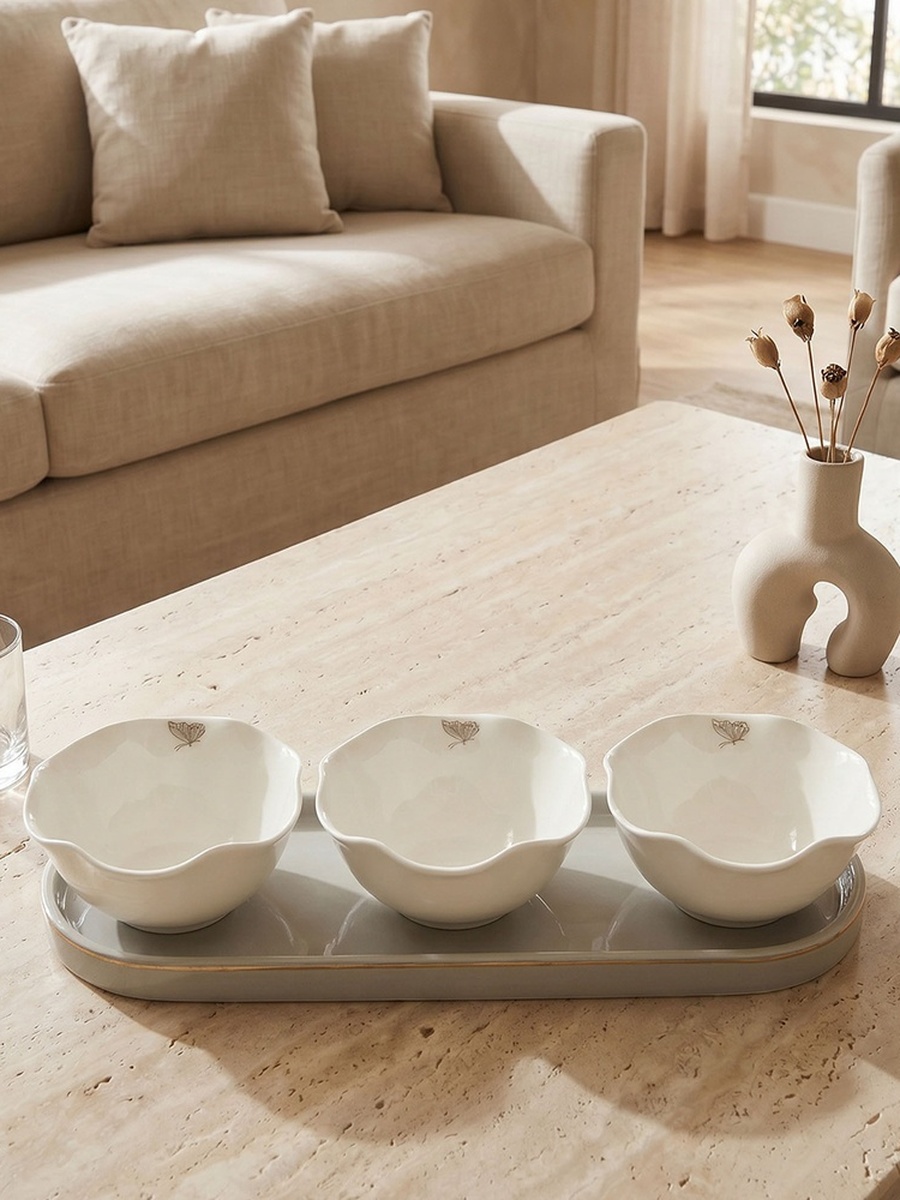 Butterfly Accent 3-Piece Porcelain Bowl with Tray Set