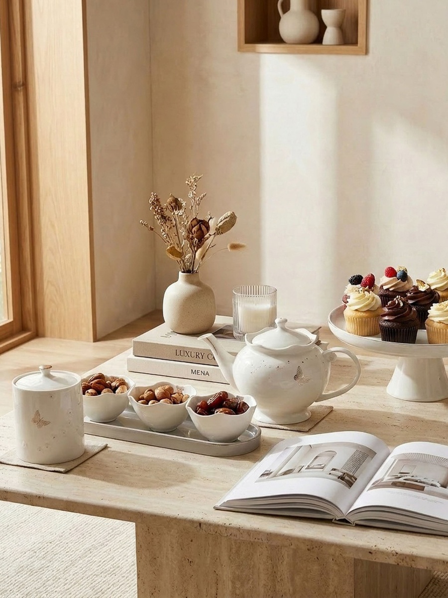 Butterfly Accent 3-Piece Porcelain Bowl with Tray Set