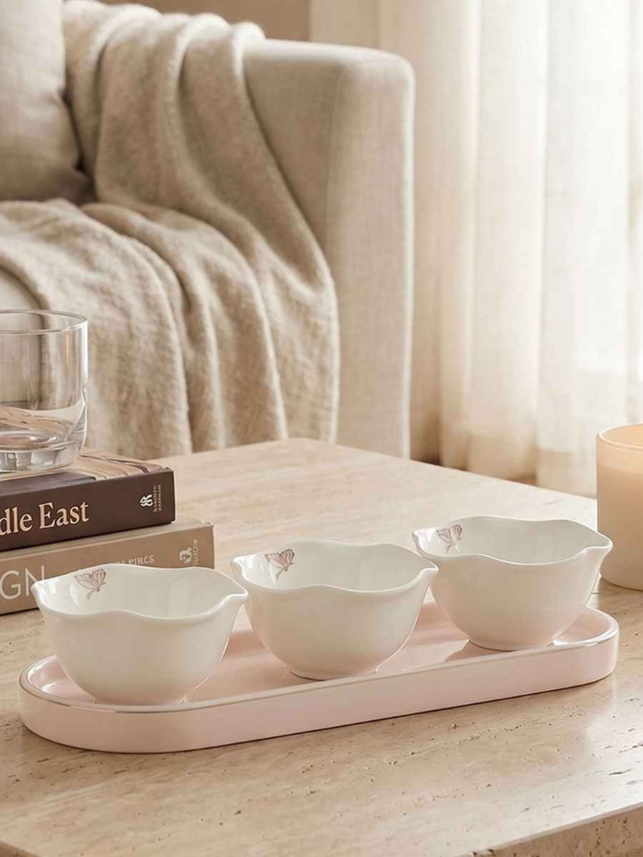Butterfly Embossed 3-Piece Porcelain Serving Bowl Set with Tray