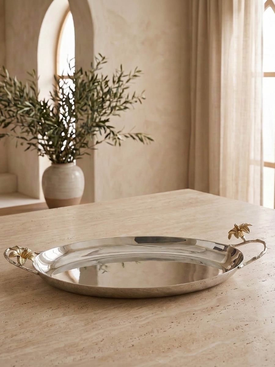 Floral Accent Metal Serving Tray - 48x22 cms