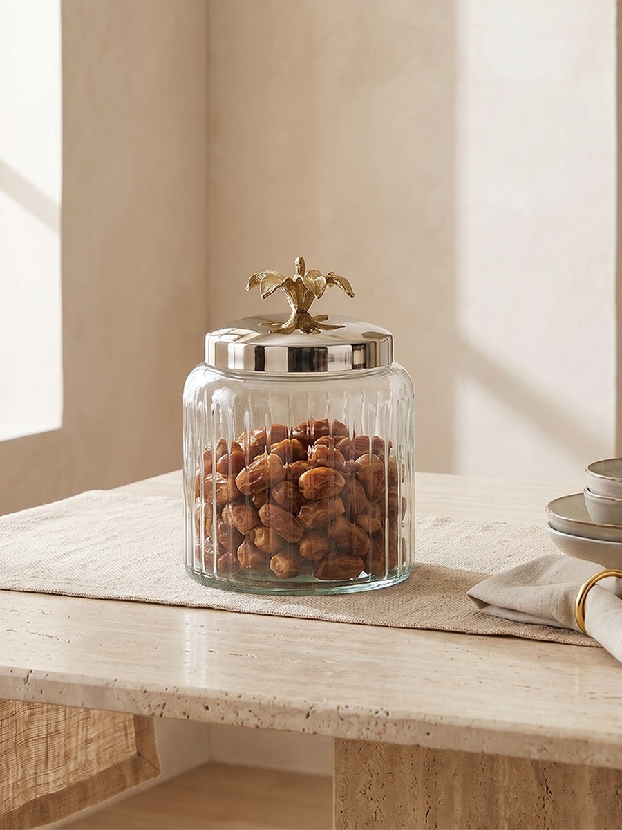 Glass Canister with Floral Metallic Lid - 13x12 cm