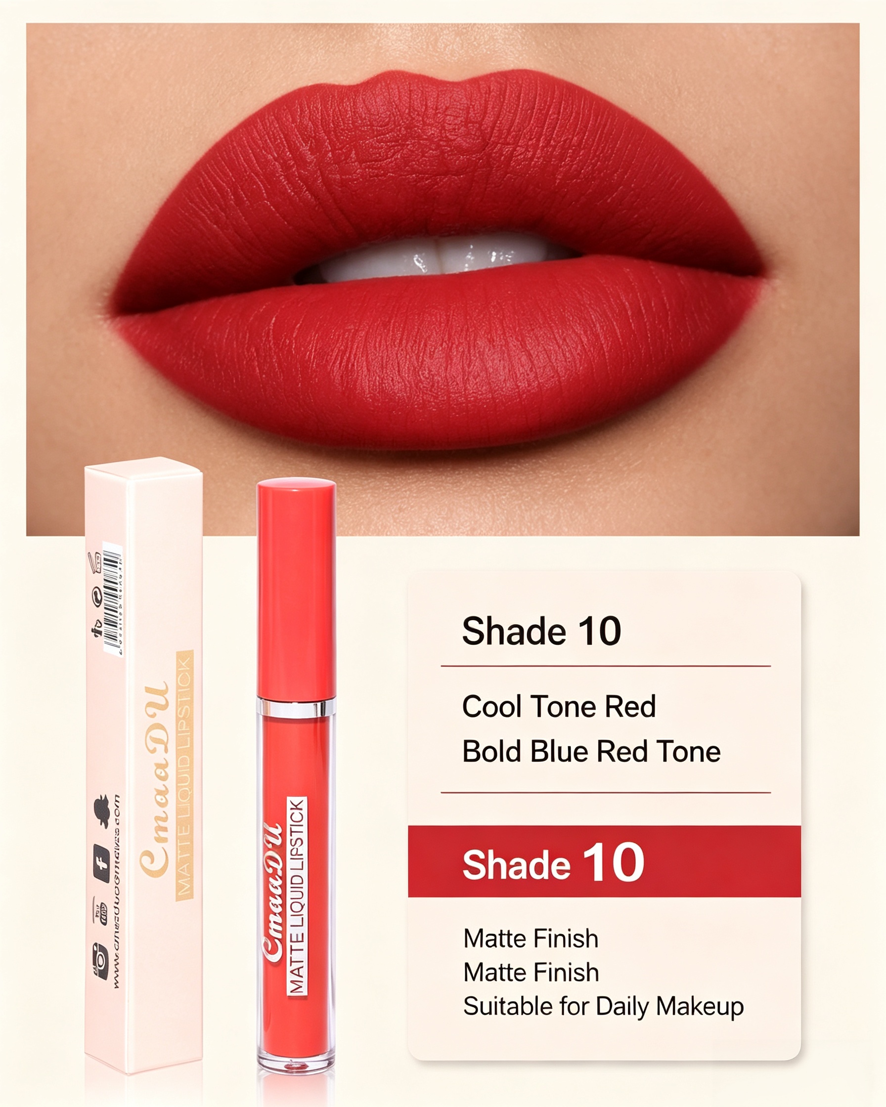 أحمر شفاه سائـل مطفي مخملي درجة 10 بلون أحمر بارد
