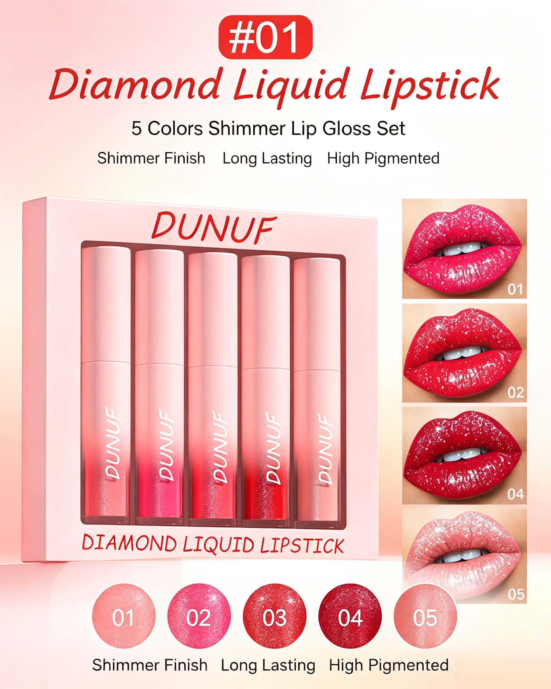 Diamond Liquid Lipstick Set - 5 Shimmering Shades for Luminous Lips