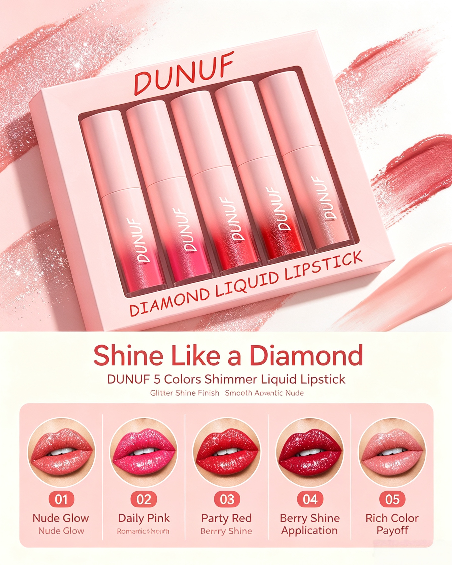 Diamond Liquid Lipstick Set - 5 Shimmering Shades for Luminous Lips
