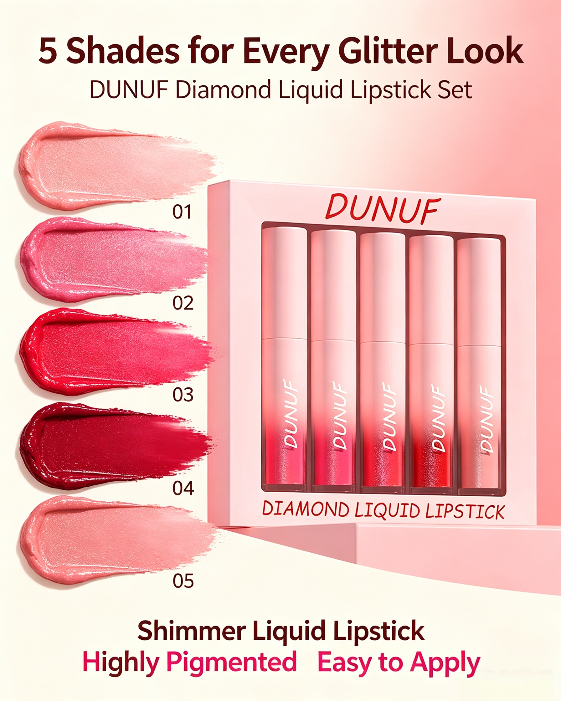 Diamond Liquid Lipstick Set - 5 Shimmering Shades for Luminous Lips
