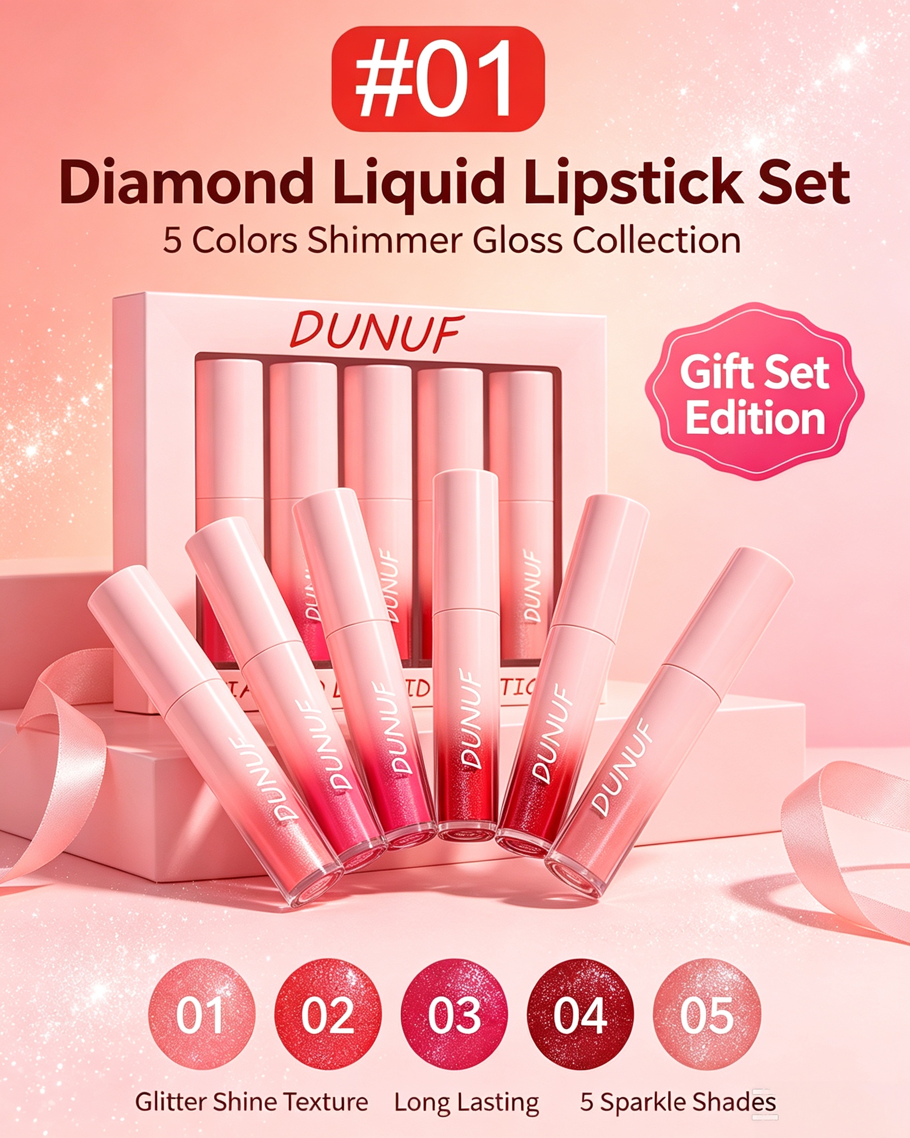 Diamond Liquid Lipstick Set - 5 Shimmering Shades for Luminous Lips