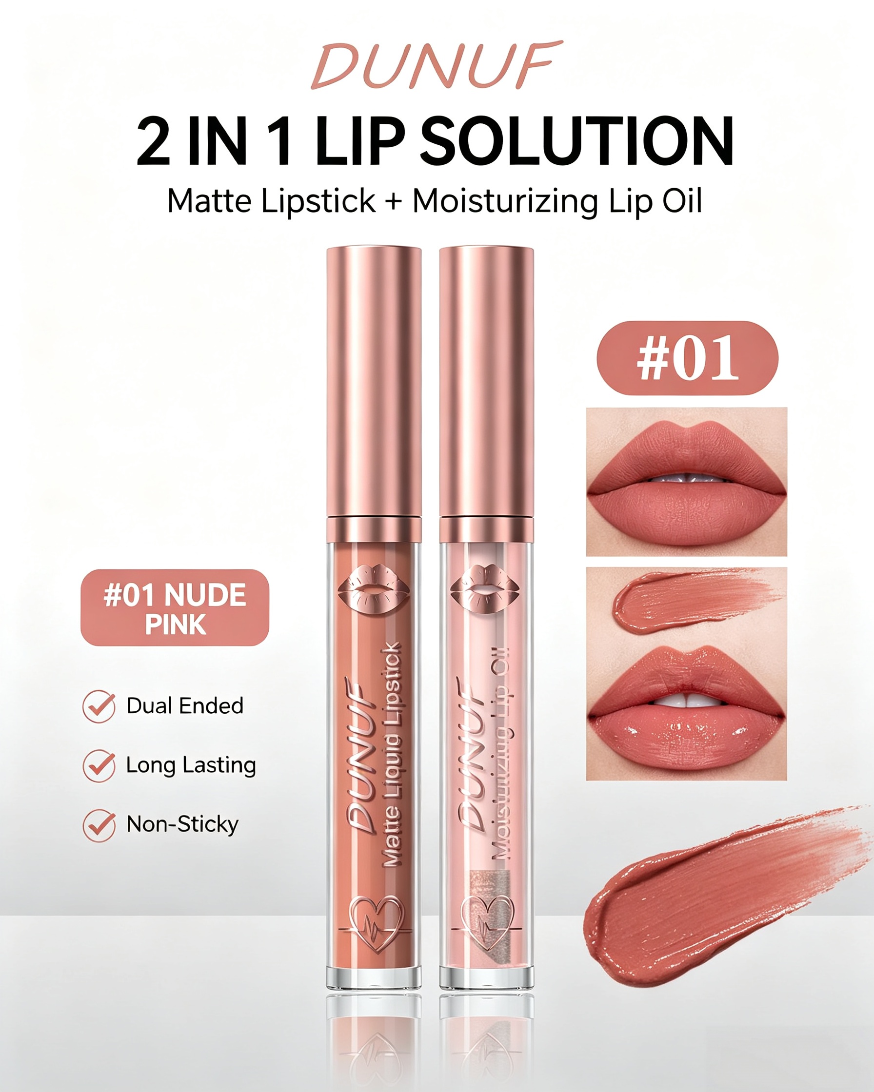 2-in-1 Nude Pink Matte Lipstick and Glossy Lip Oil