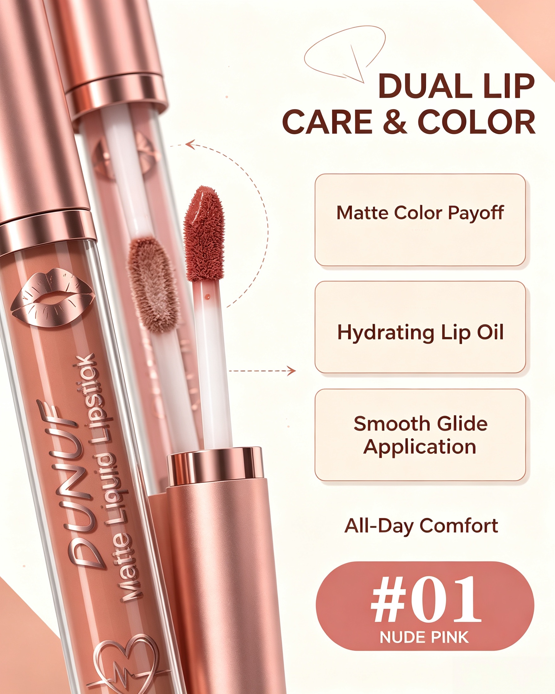 2-in-1 Nude Pink Matte Lipstick and Glossy Lip Oil