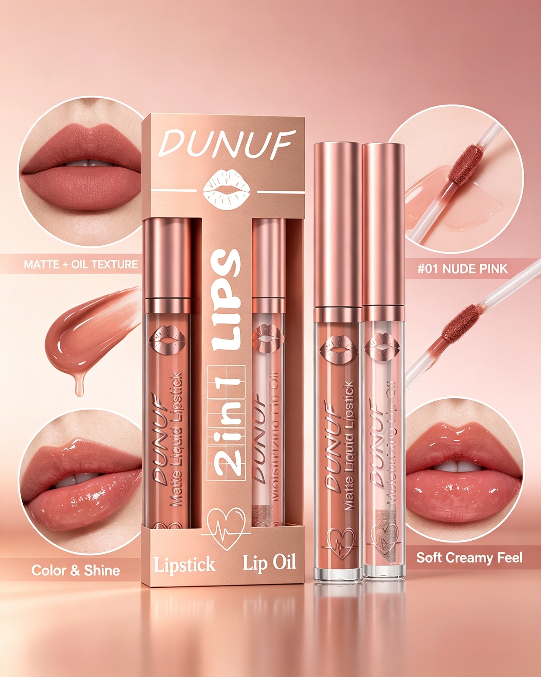 2-in-1 Nude Pink Matte Lipstick and Glossy Lip Oil