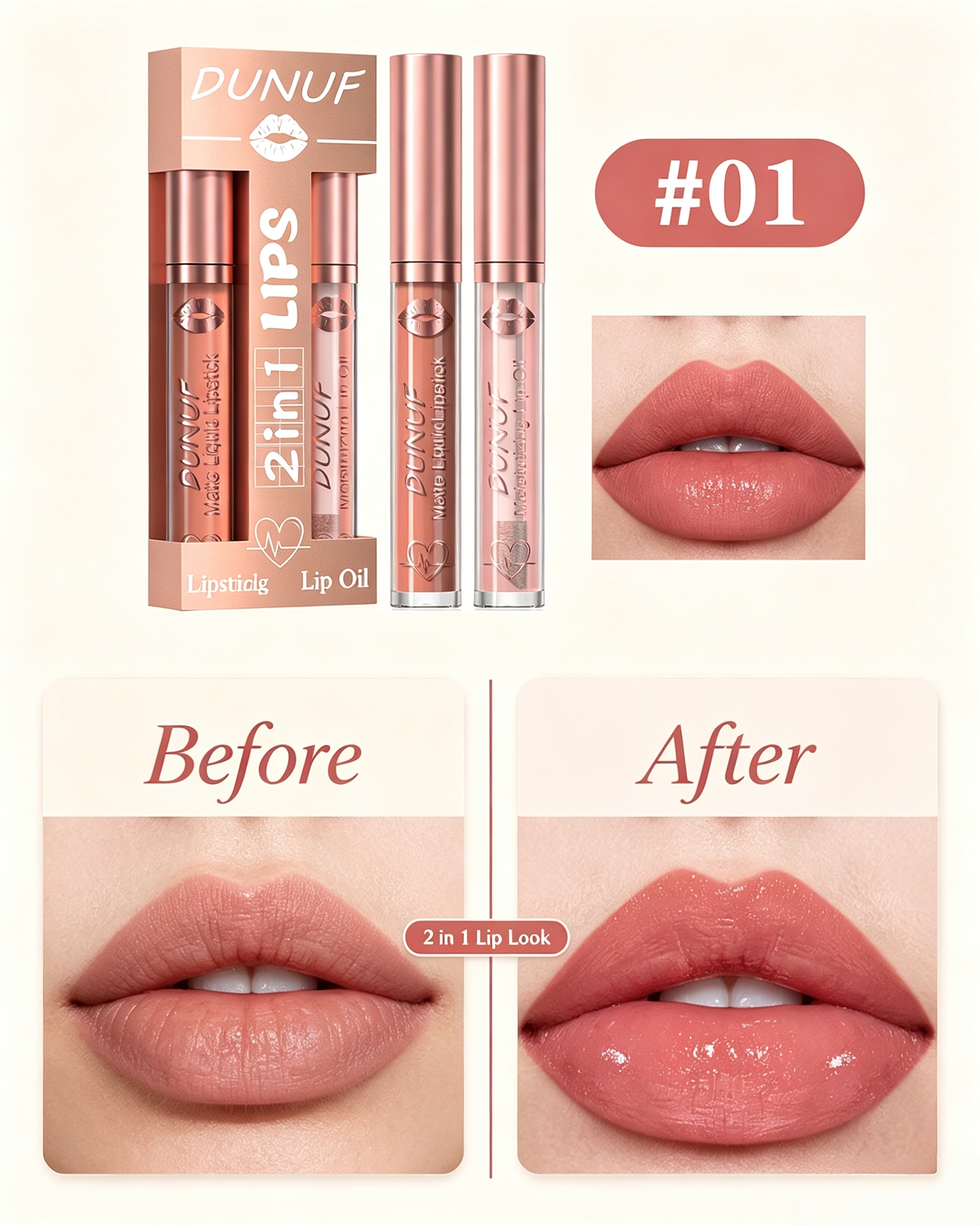 2-in-1 Nude Pink Matte Lipstick and Glossy Lip Oil